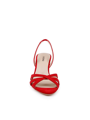 Front view of the Colwill Slingback Sandal in stylish red suede with crisscross straps and a mid heel, displayed on a white background.