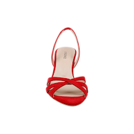 The Colwill Slingback Sandal is a red suede sandal with crisscross straps, an open-toe design, and a front view against a white background.