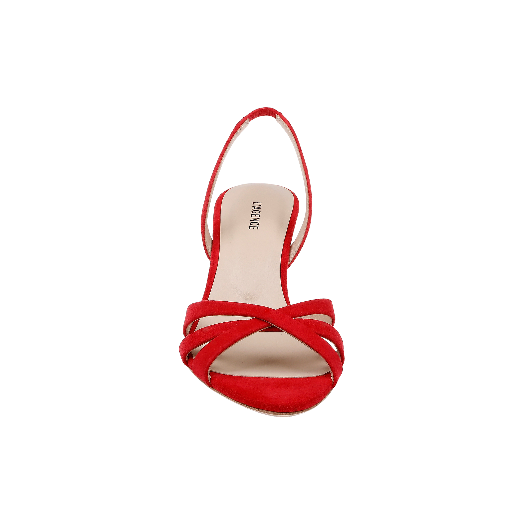 The Colwill Slingback Sandal is a red suede sandal with crisscross straps, an open-toe design, and a front view against a white background.