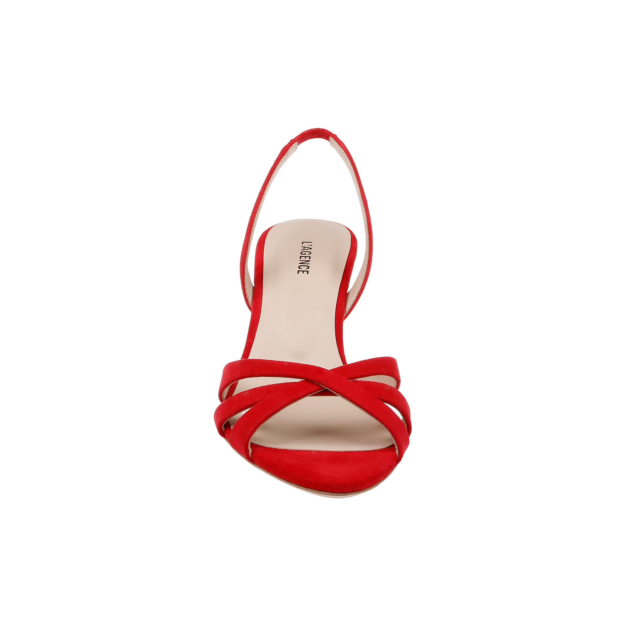 The Colwill Slingback Sandal is a red suede sandal with crisscross straps, an open-toe design, and a front view against a white background.