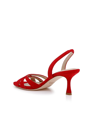The Colwill Slingback Sandal is a stylish red suede sandal with multiple thin straps and an open toe, shown from the back side angle on a white background.
