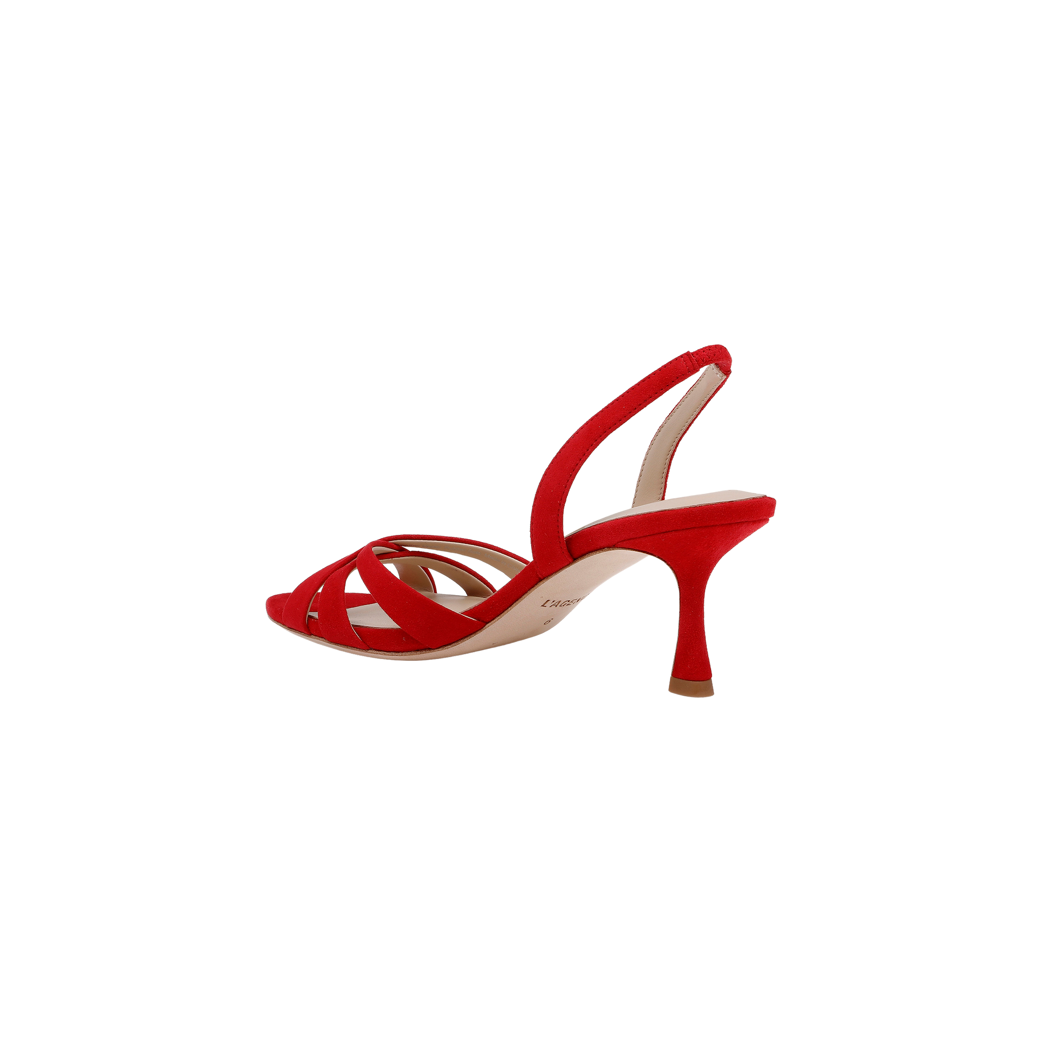 The Colwill Slingback Sandal, shown from a rear angle against a plain white background, features a red suede upper with an open toe, strappy design, and a slender high heel.