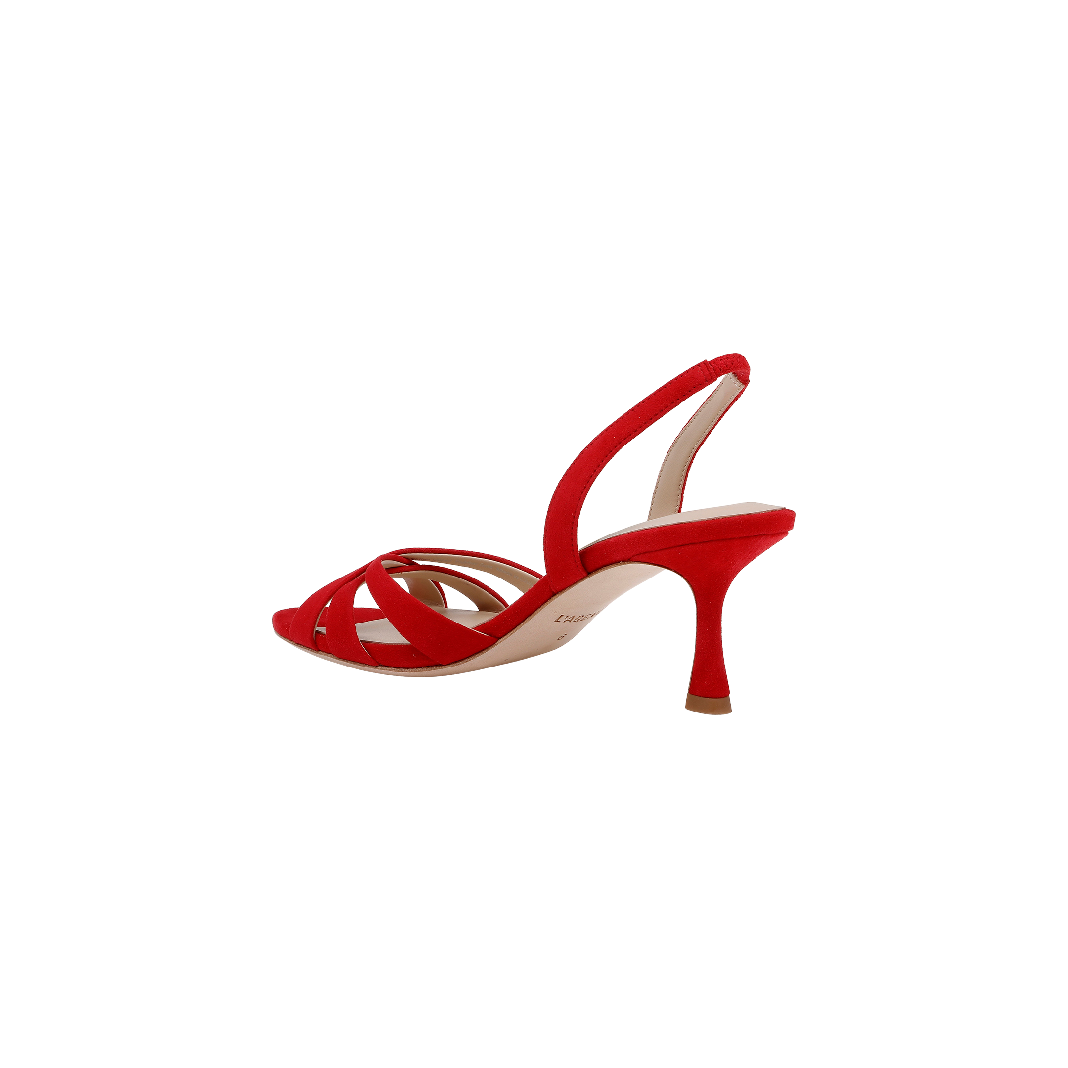 The Colwill Slingback Sandal, shown from a rear angle against a plain white background, features a red suede upper with an open toe, strappy design, and a slender high heel.