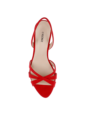 Top view of the Colwill Slingback Sandal in red, featuring crisscross suede upper straps, open toe, mid heel, and LAGENCE branding on the beige insole, displayed against a white background.