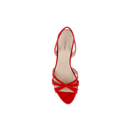 Colwill Slingback Sandal in red suede with crisscross straps, mid heel, pointed toe, and beige insole, shown from above on a white background.