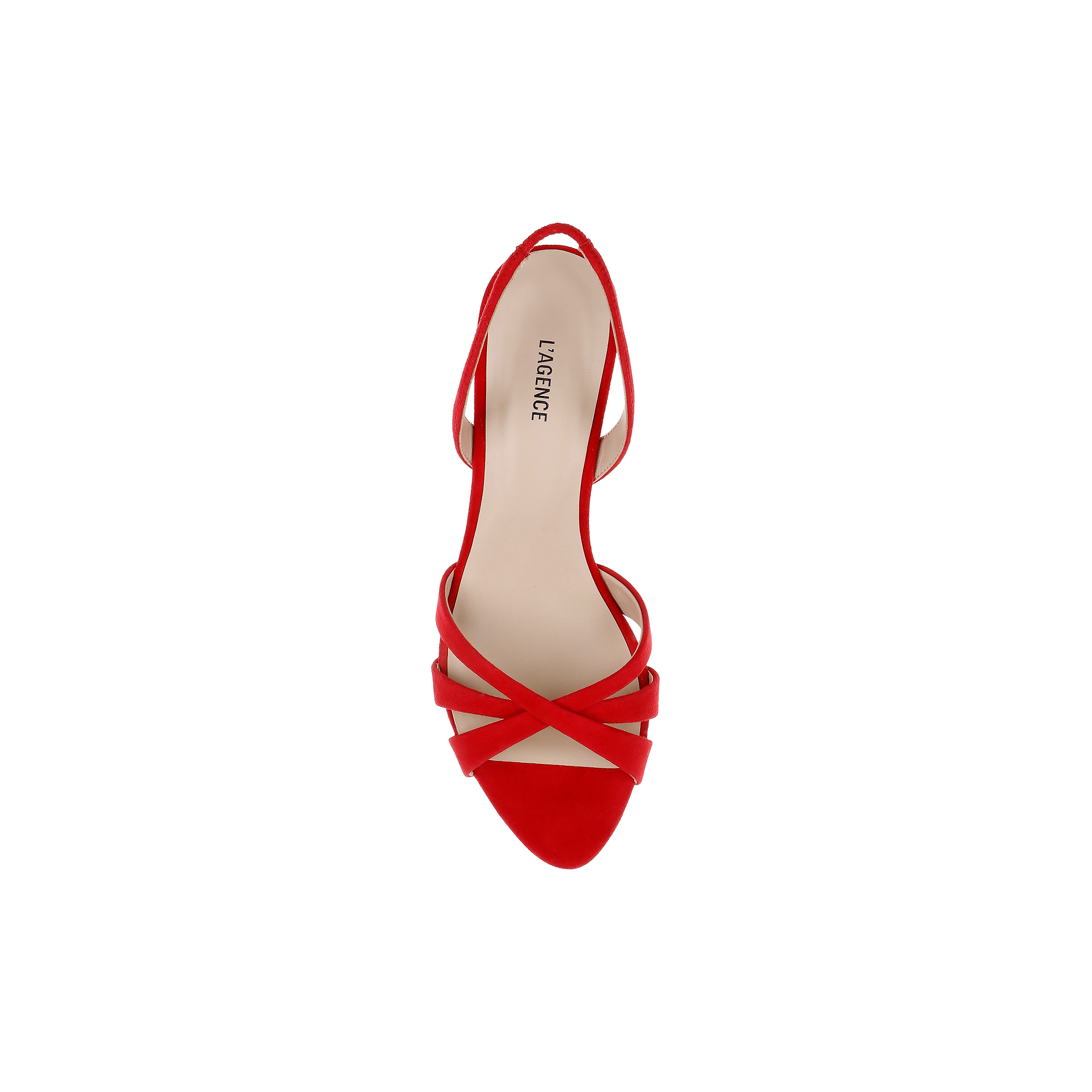 Colwill Slingback Sandal in red suede with crisscross straps, mid heel, pointed toe, and beige insole, shown from above on a white background.