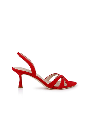 The Colwill Slingback Sandal features a single red suede upper, open toe, slim mid heel, and crisscross front straps, shown on a white background.