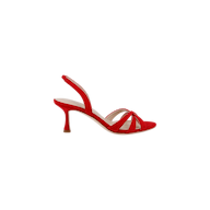 The Colwill Slingback Sandal is a red open-toe shoe featuring a crisscross strap design, mid heel stiletto, and suede upper, displayed on a plain white background.