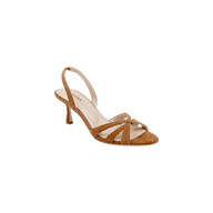 The Colwill Slingback Sandal in tan suede features a strappy high-heeled design with an open toe and mid heel, shown against a plain white background.