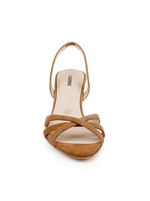 Front view of the Colwill Slingback Sandal in brown suede, mid heel design with three crisscross toe straps, displayed on a white background.