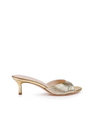 The Chamonix Kitten-Heel Mule features pleated metallic leather with crisscross toe straps and a low gold-silver heel, shown on a white background.