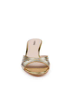 Front view of the Chamonix Kitten-Heel Mule, a gold and silver open-toe sandal with low metallic kitten heels, crisscross metallic toe straps, and a beige insole.