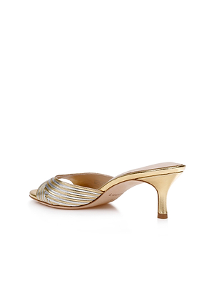 The Chamonix Kitten-Heel Mule, shown in profile on a white background, features pleated leather, an open toe, a gold and silver heel, and metallic striped detailing on the upper.