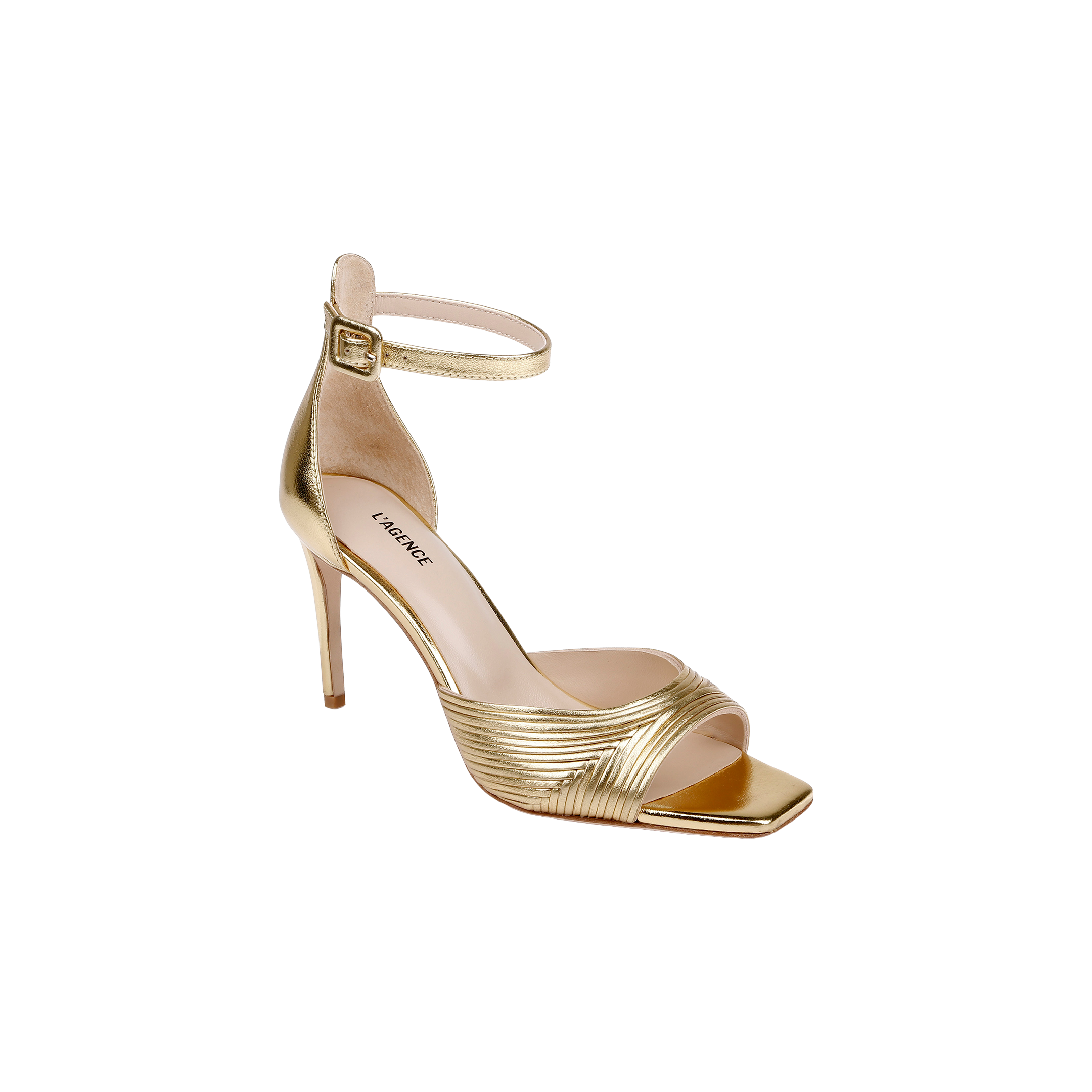 The Cici Stiletto Sandal is a gold high-heeled shoe featuring an ankle strap with a buckle, a square toe, and textured crisscross straps over the front.