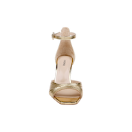Front view of the Cici Stiletto Sandal in gold, showcasing leather pleating, an ankle strap, and a square toe against a plain white background.
