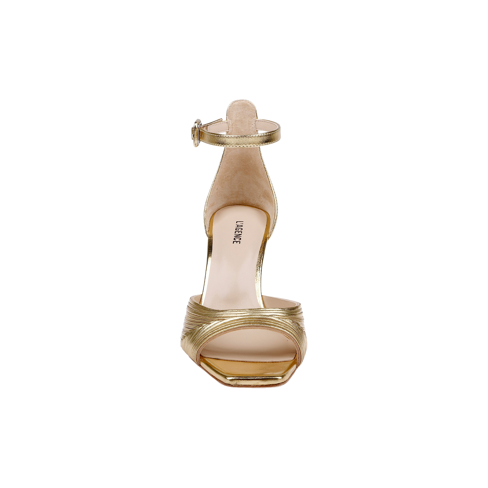 Front view of the Cici Stiletto Sandal in gold, showcasing leather pleating, an ankle strap, and a square toe against a plain white background.