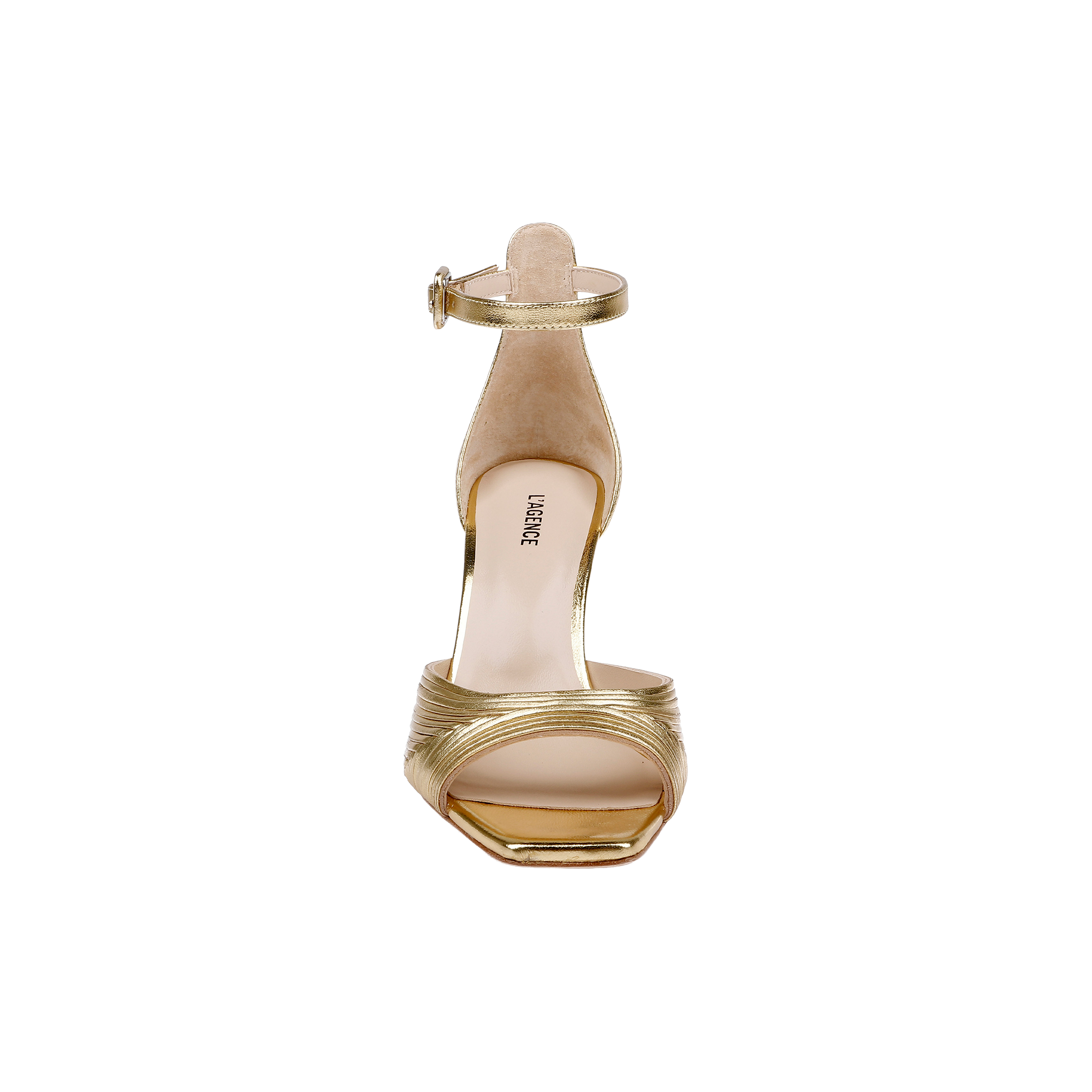 Front view of the Cici Stiletto Sandal in gold, showcasing leather pleating, an ankle strap, and a square toe against a plain white background.