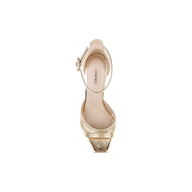 A single Cici Stiletto Sandal in gold, shown from above, features an ankle strap, leather pleating, a square toe, and LAGENCE branding on the insole.