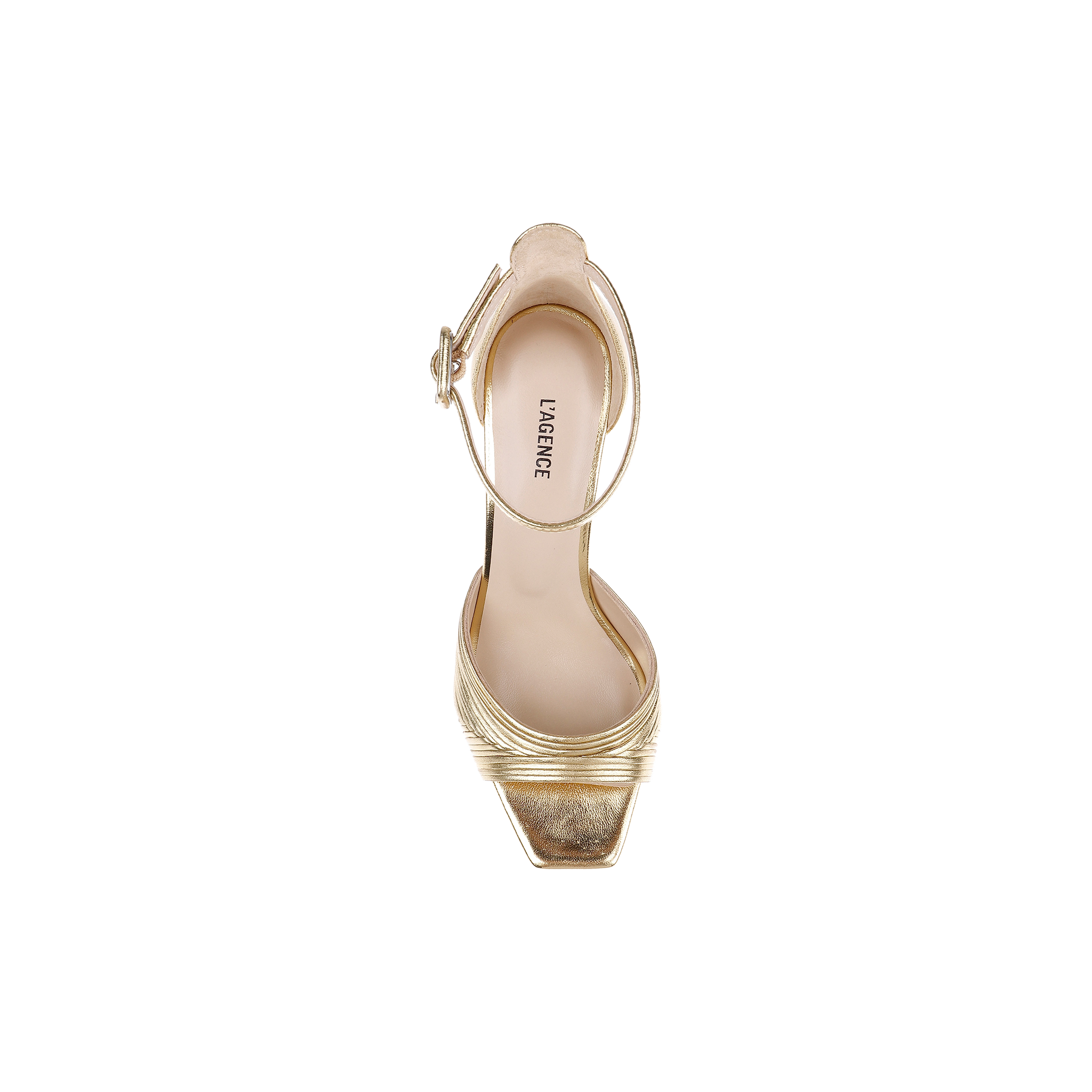 A single Cici Stiletto Sandal in gold, shown from above, features an ankle strap, leather pleating, a square toe, and LAGENCE branding on the insole.