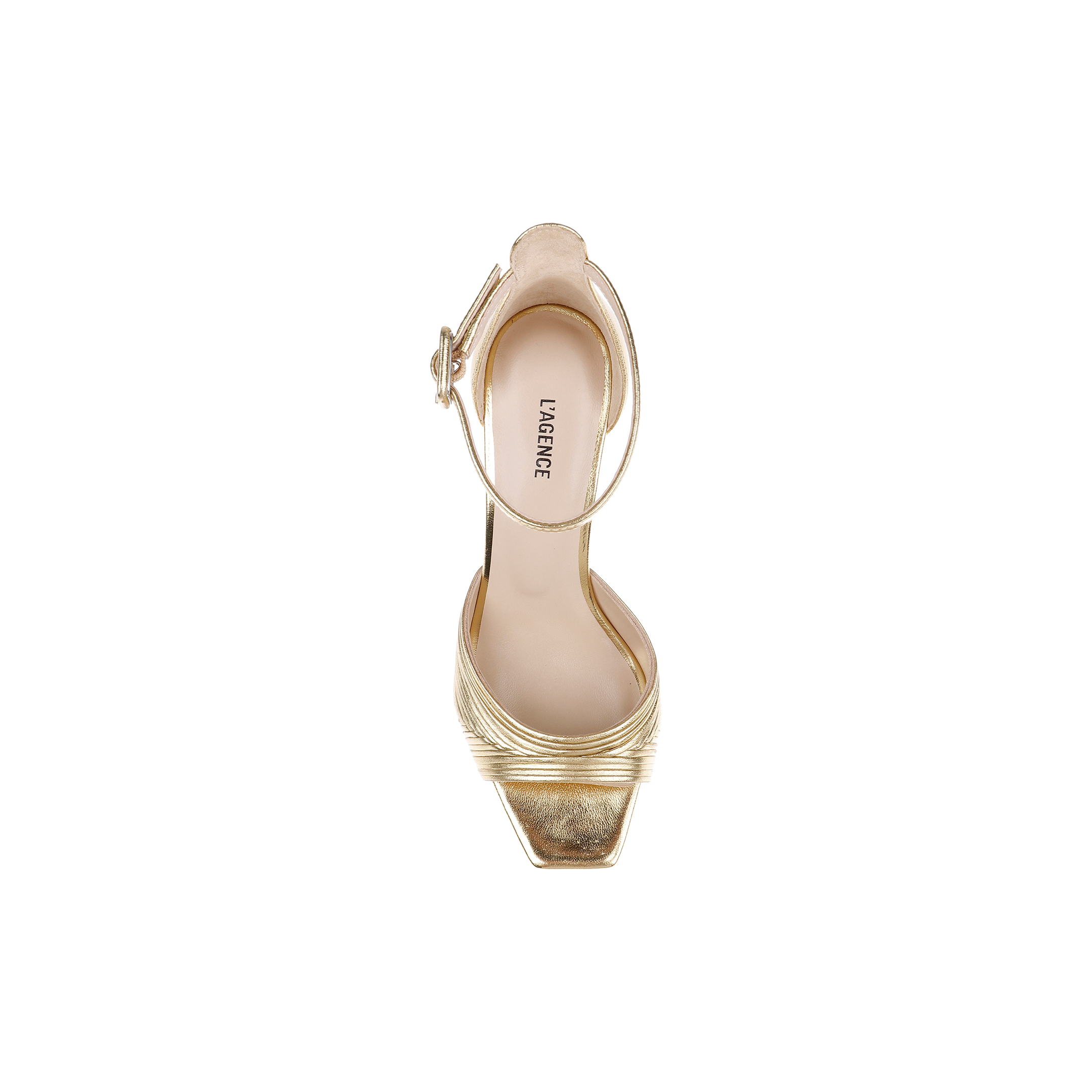 A single Cici Stiletto Sandal in gold, shown from above, features an ankle strap, leather pleating, a square toe, and LAGENCE branding on the insole.
