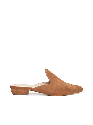 The Como Slipper is a brown suede mule with a low block heel, pointed toe, and memory foam insole for stylish comfort, displayed on a white background.