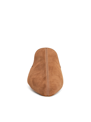 A front view of the Como Slipper, a brown suede mule slip-on with a visible center seam and memory foam insole, set against a white background.
