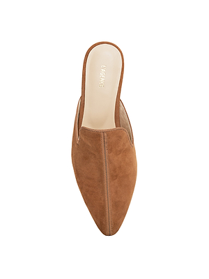 A top view of the Como Slipper, a brown suede mule slip-on with a pointed toe and memory foam insole, displayed on a white background.
