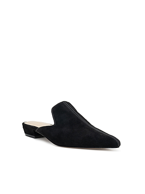 The Como Slipper is a minimalist black suede mule with a pointed toe, low square heel, open back, and cushioned memory foam insole, shown against a white background.