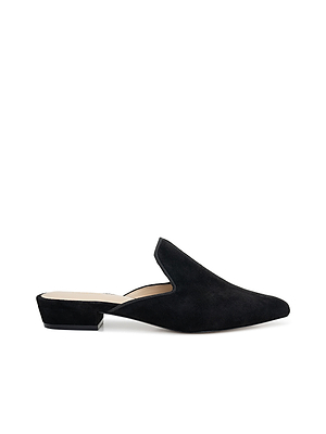 The Como Slipper is a black suede slip-on mule with a memory foam insole, low heel, pointed toe, and open back, shown on a white background.
