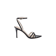 The Dua Leather Sandal is crafted from black patent leather and features a stiletto heel, thin ankle strap with buckle, open toe, and a strappy design crossing over the front of the foot. It is displayed on a white background.