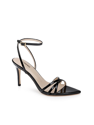 The Dua Leather Sandal is a black patent leather stiletto with a pointed toe, strappy front design, and ankle strap with small buckle. Its beige insole is finished with LAUBERACE branding.