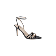 The Dua Leather Sandal is a black patent leather sandal with a strappy design, featuring a pointed toe, stiletto heel, and an ankle strap with a small buckle, displayed on a white background.