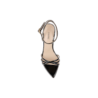 The Dua Leather Sandal, crafted from black patent leather and featuring a pointed toe, slender ankle strap, and stiletto heel, is shown from above against a white background.