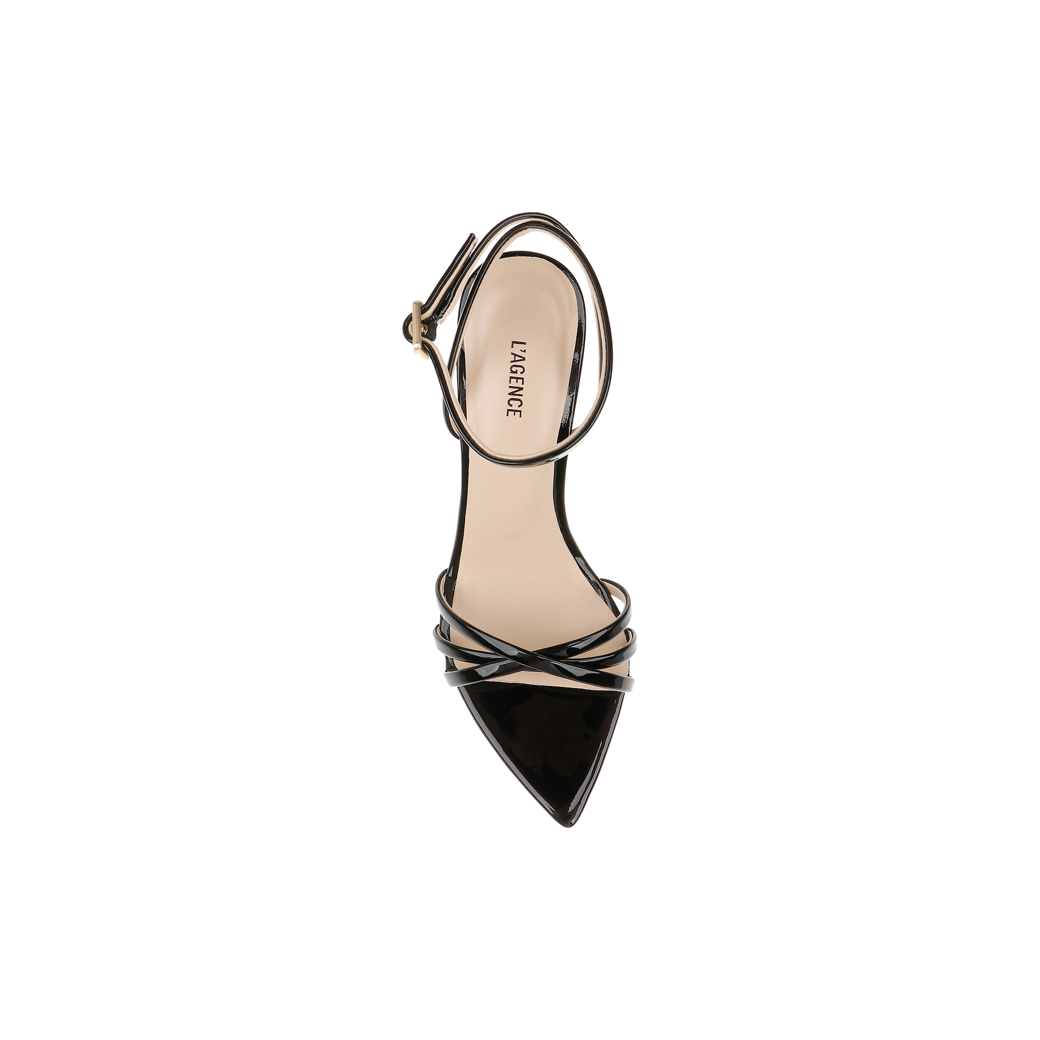 The Dua Leather Sandal, crafted from black patent leather and featuring a pointed toe, slender ankle strap, and stiletto heel, is shown from above against a white background.