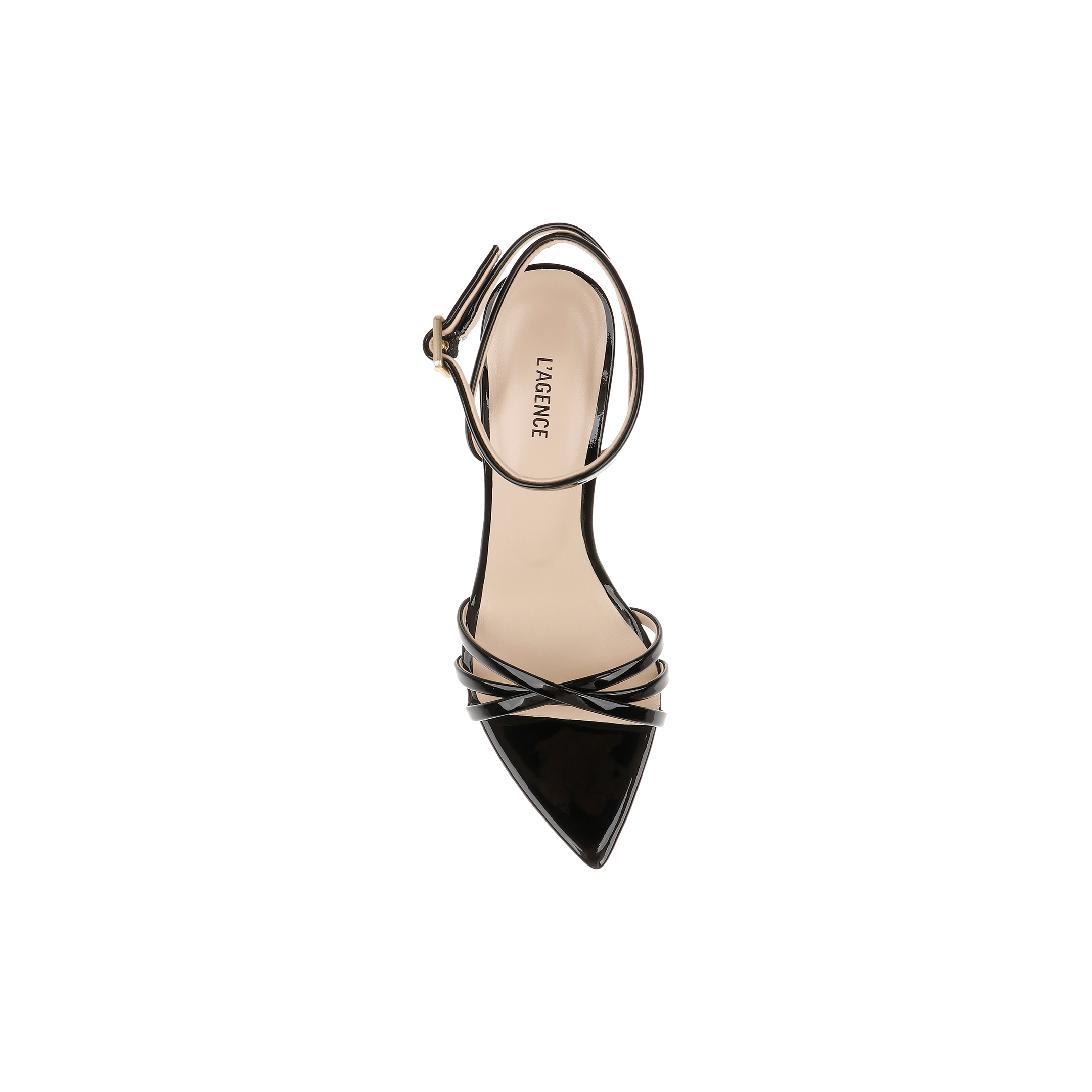 The Dua Leather Sandal, crafted from black patent leather and featuring a pointed toe, slender ankle strap, and stiletto heel, is shown from above against a white background.