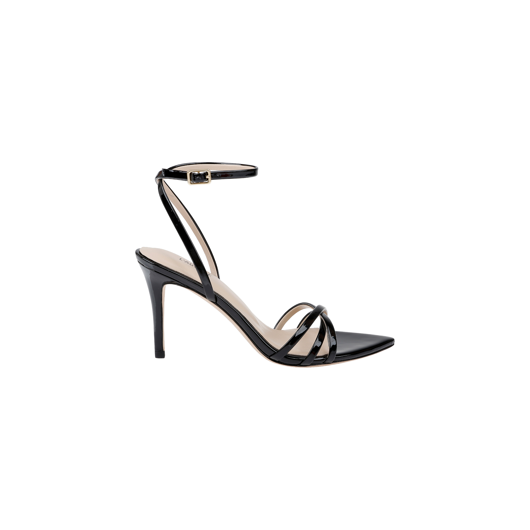 The Dua Leather Sandal, shown in black patent leather on a white background, features a stiletto heel, thin ankle strap with buckle closure, two slender toe straps, and an open toe design. Its strappy silhouette enhances the sandal’s elegance and sophisticated appeal.