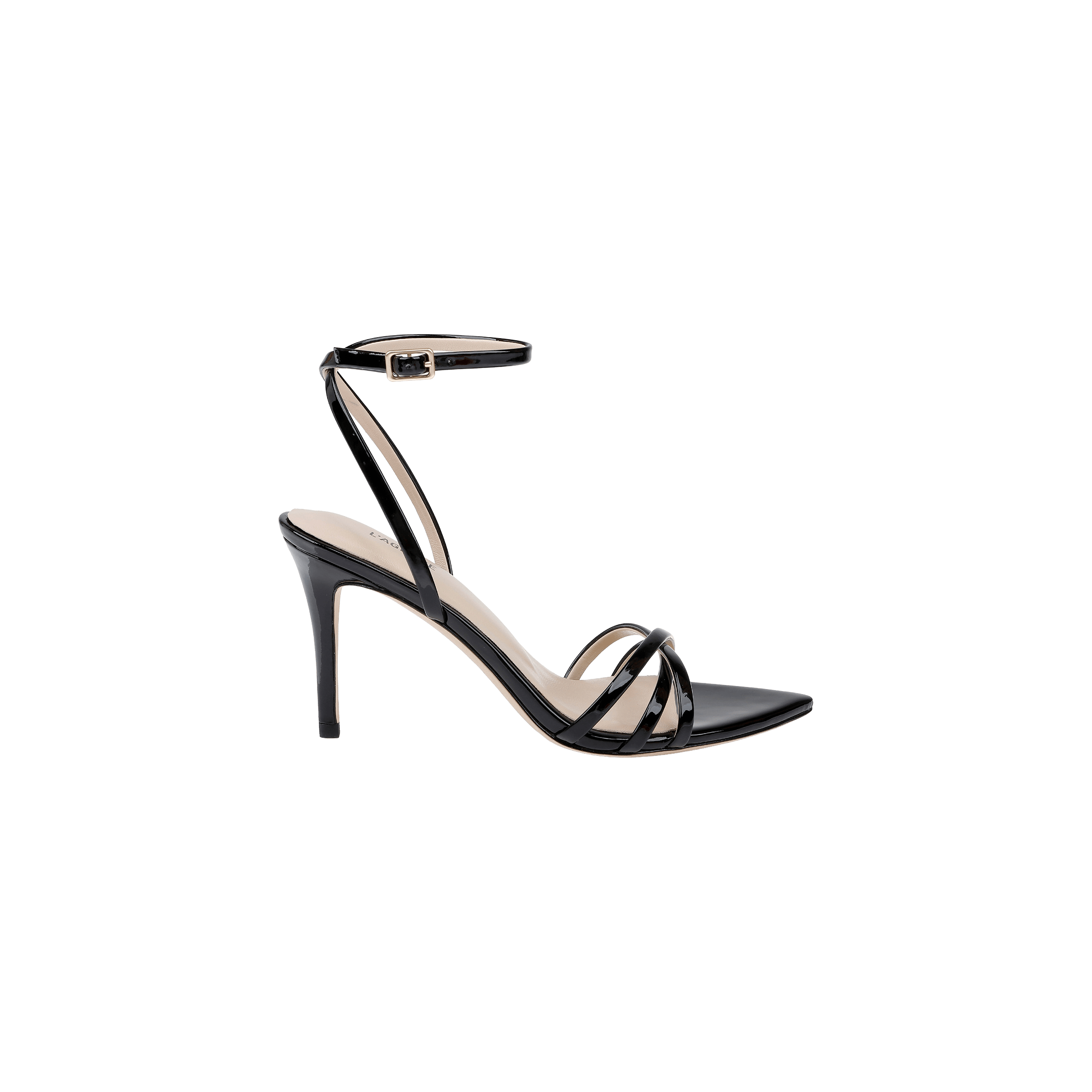 The Dua Leather Sandal, shown in black patent leather on a white background, features a stiletto heel, thin ankle strap with buckle closure, two slender toe straps, and an open toe design. Its strappy silhouette enhances the sandal’s elegance and sophisticated appeal.