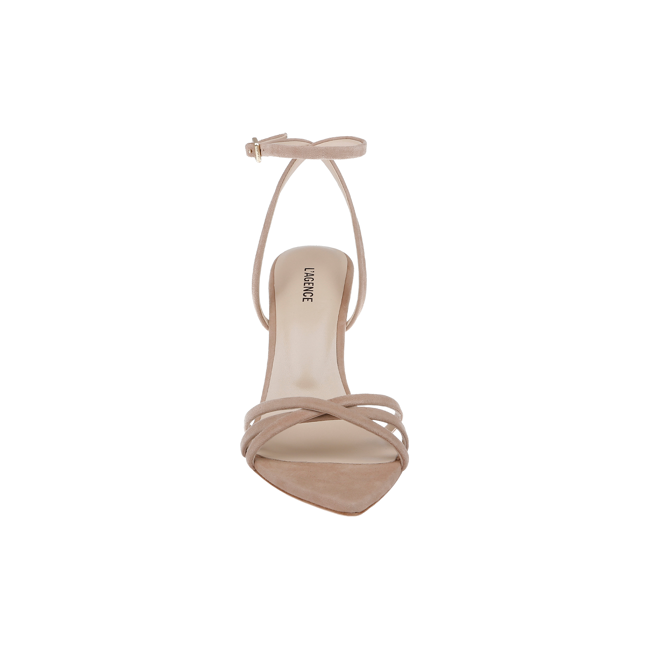 The Dua Suede Sandal is a single tan suede stiletto sandal with a strappy design across the toe and ankle, shown from the front on a white background.