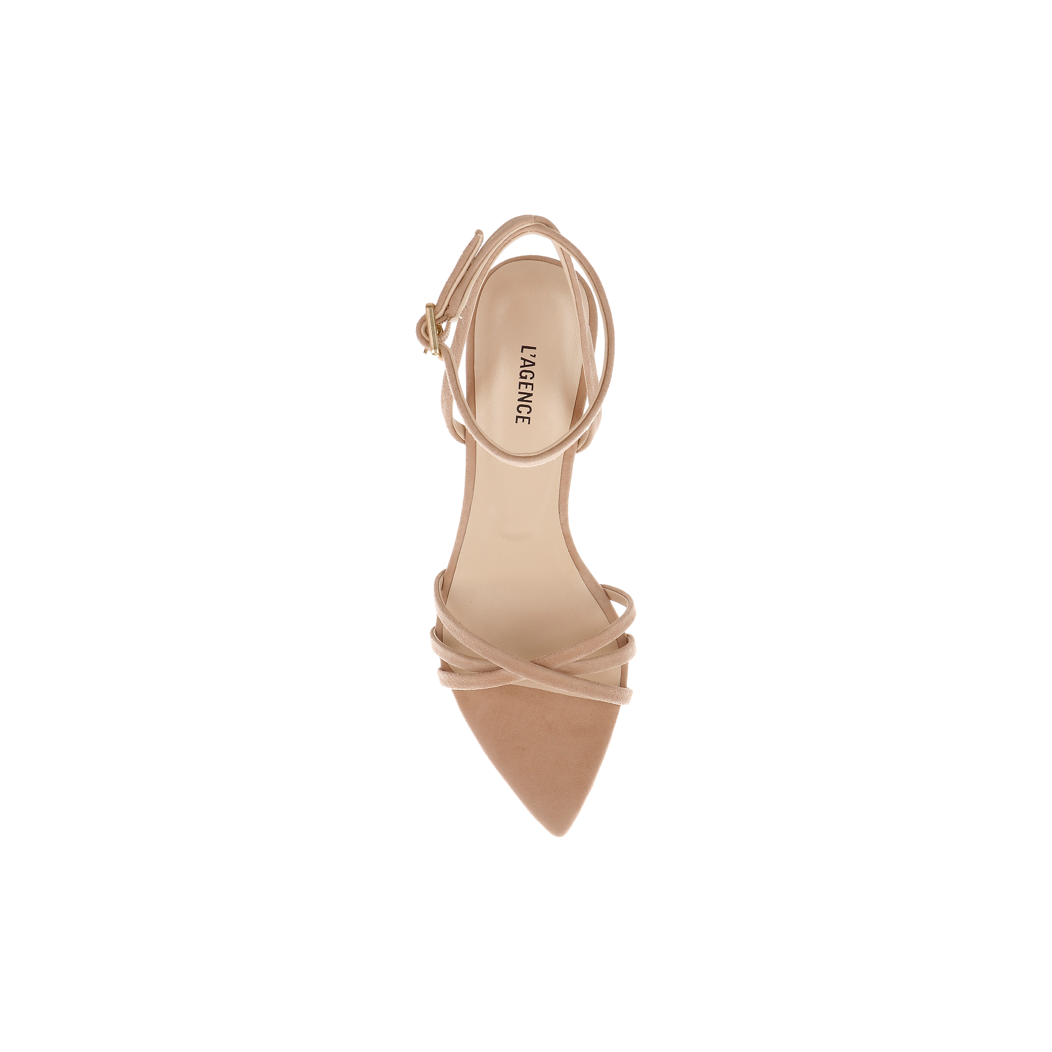 The Dua Suede Sandal, shown from above against a plain white background, is a single tan suede stiletto-heeled sandal featuring a strappy design, pointed toe, and secure ankle strap.