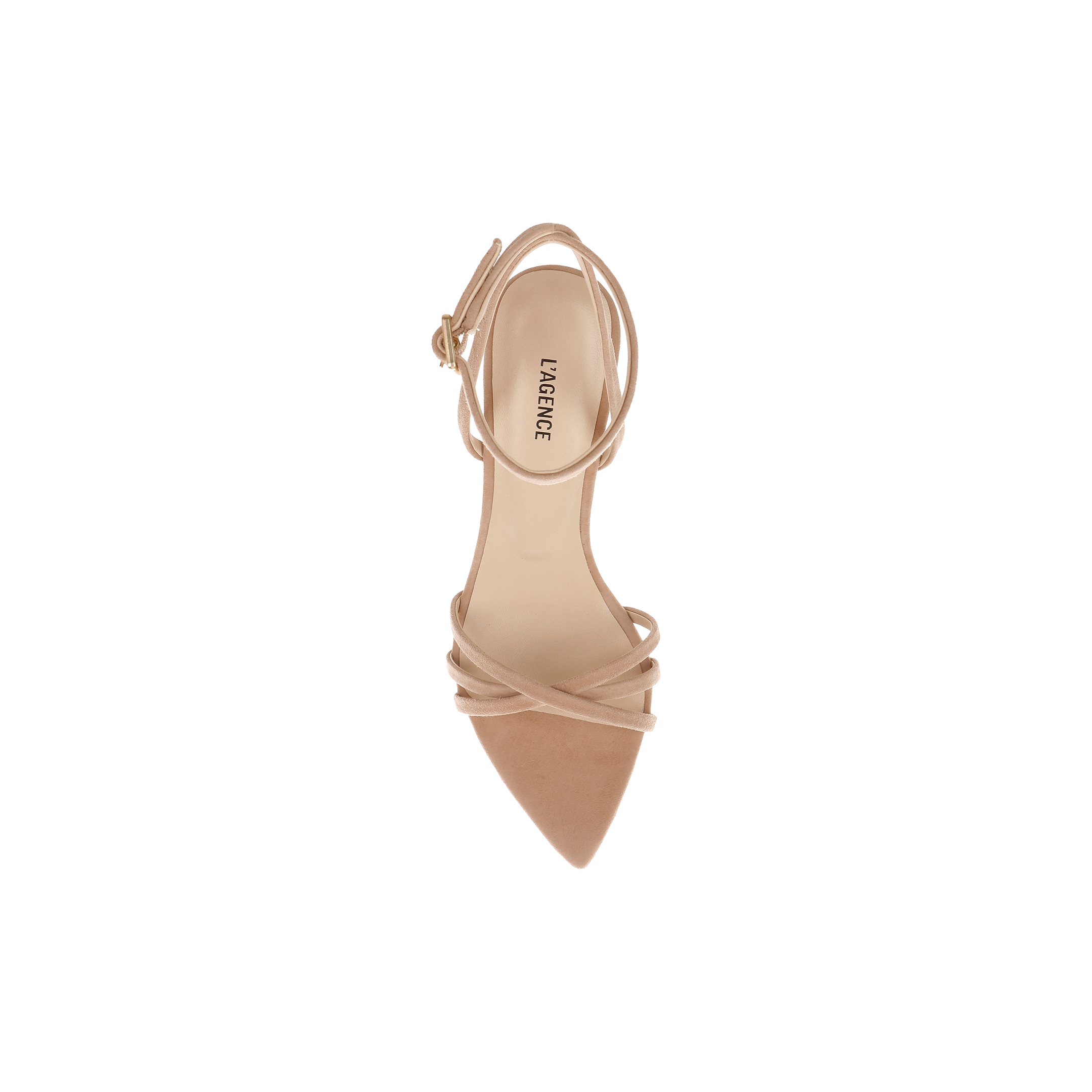 The Dua Suede Sandal, shown from above against a plain white background, is a single tan suede stiletto-heeled sandal featuring a strappy design, pointed toe, and secure ankle strap.