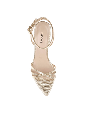 Top view of the Dua Leather Sandal in gold lizard-embossed leather, featuring a pointed toe, crisscross toe straps, ankle strap, stiletto heel, and L’AGENCE branding on the insole.