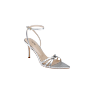 The Dua Leather Sandal is a silver lizard-embossed stiletto featuring thin ankle and toe straps, a pointed toe, and a buckle closure. This strappy heel includes a beige memory foam insole branded Nine West. The sandal is displayed against a plain white background.