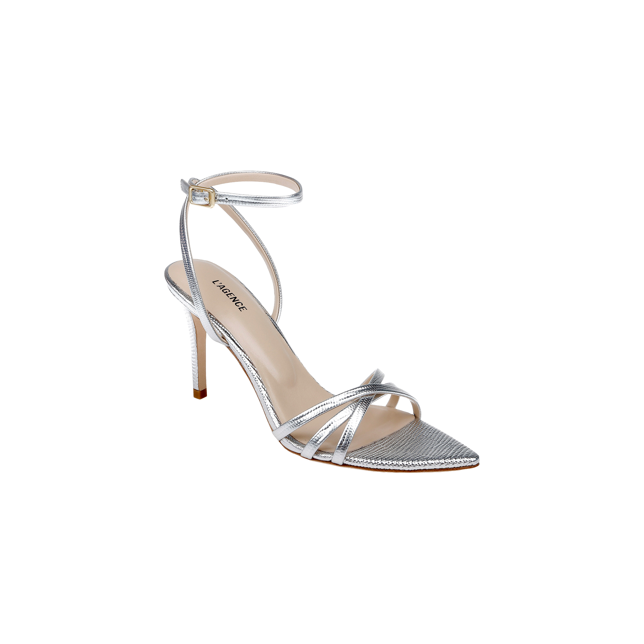 The Dua Leather Sandal is a silver lizard-embossed stiletto featuring thin ankle and toe straps, a pointed toe, and a buckle closure. This strappy heel includes a beige memory foam insole branded Nine West. The sandal is displayed against a plain white background.