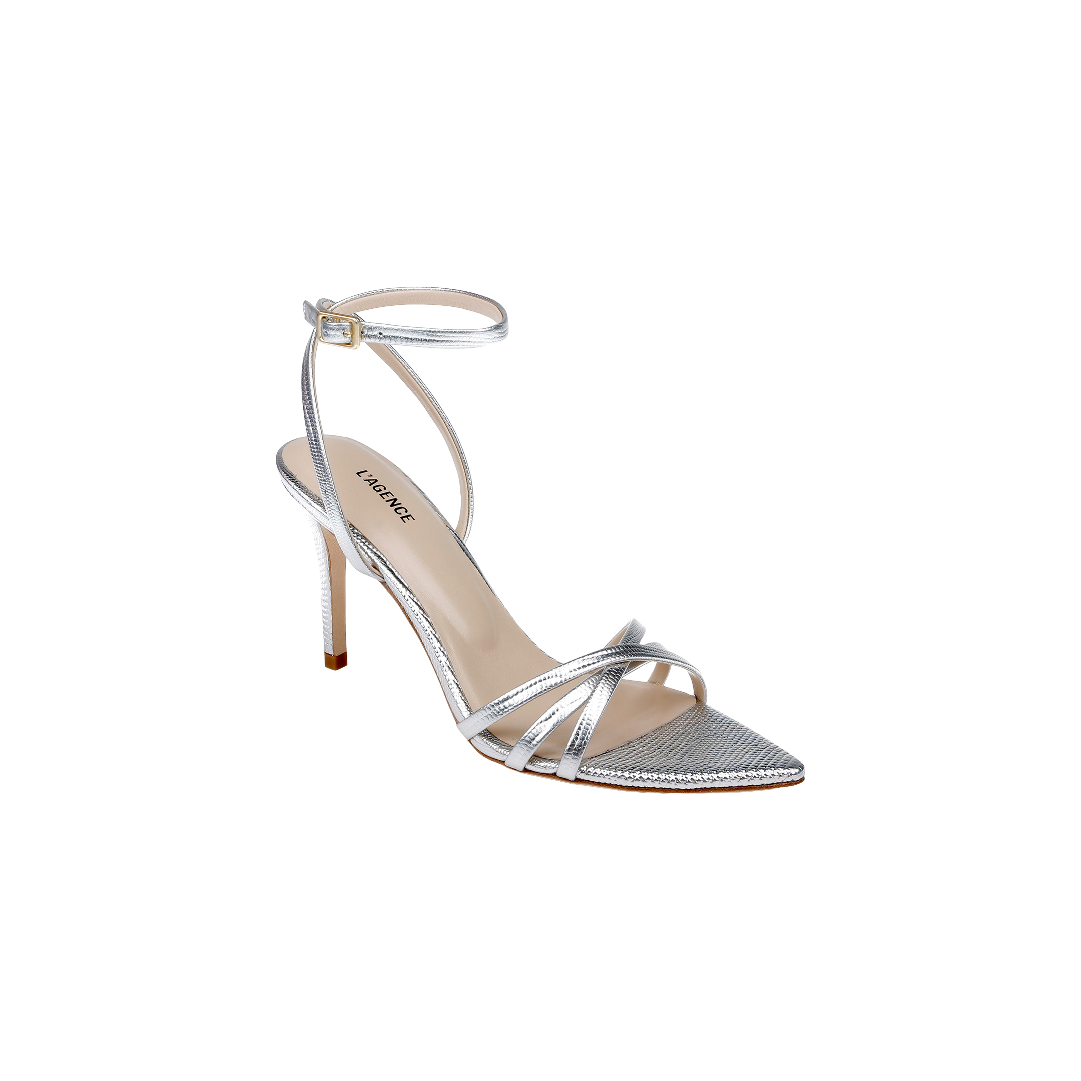 The Dua Leather Sandal is a silver lizard-embossed stiletto featuring thin ankle and toe straps, a pointed toe, and a buckle closure. This strappy heel includes a beige memory foam insole branded Nine West. The sandal is displayed against a plain white background.