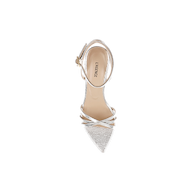 Top view of the Dua Leather Sandal in silver lizard-embossed leather, featuring a pointed toe, crisscross straps, ankle buckle fastening, and a memory foam insole, displayed on a plain white background.