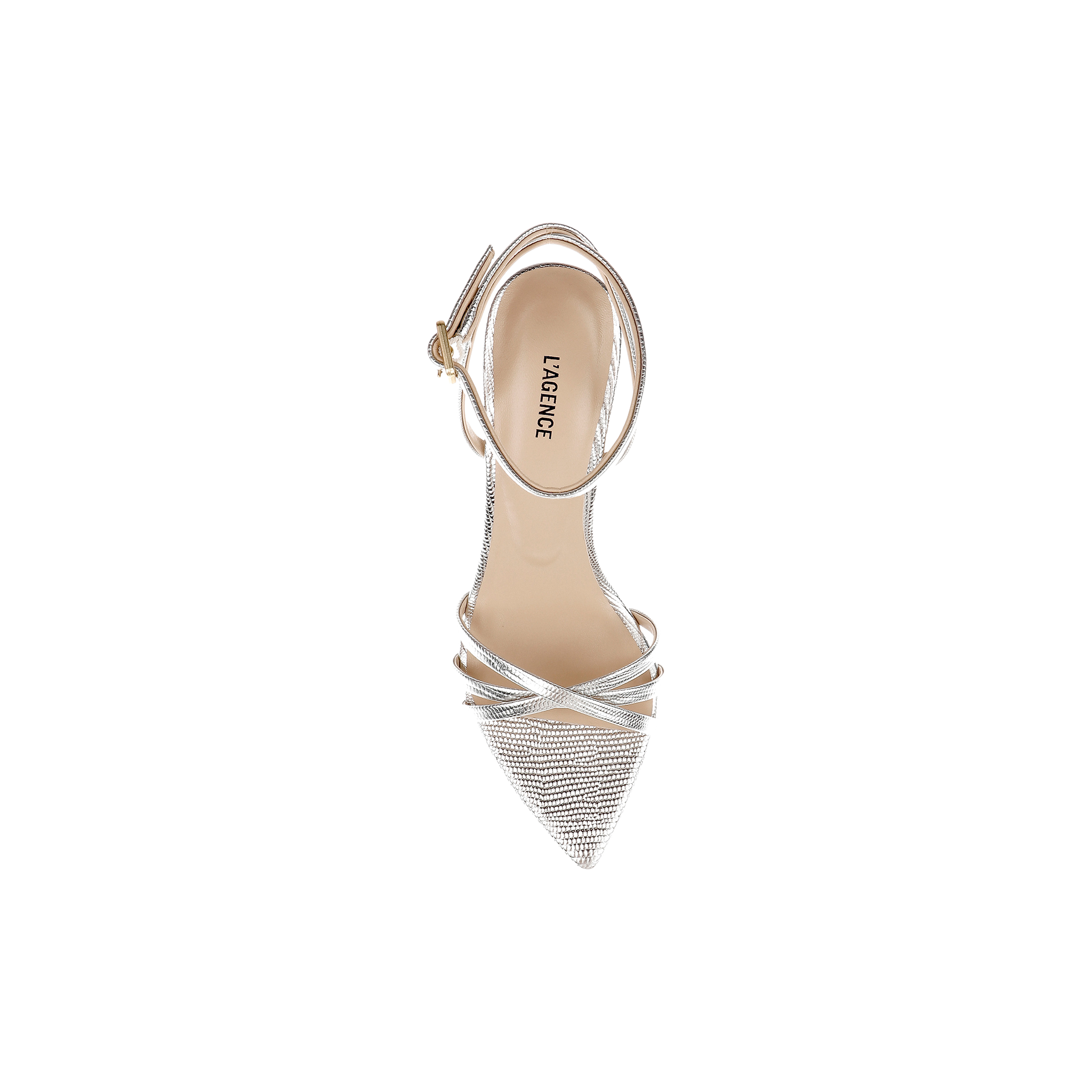 Top view of the Dua Leather Sandal in silver lizard-embossed leather, featuring a pointed toe, crisscross straps, ankle buckle fastening, and a memory foam insole, displayed on a plain white background.