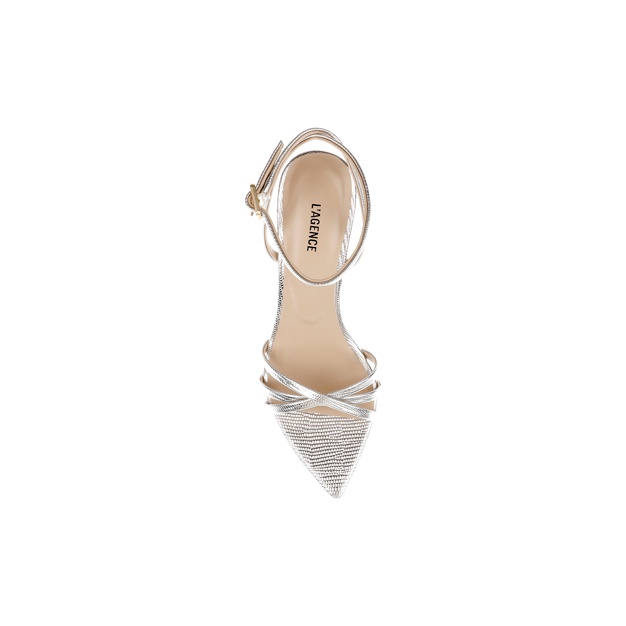 Top view of the Dua Leather Sandal in silver lizard-embossed leather, featuring a pointed toe, crisscross straps, ankle buckle fastening, and a memory foam insole, displayed on a plain white background.
