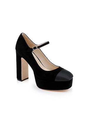 The Lilles Platform Pump is a black suede Mary Jane with a rounded black leather toe cap, chunky high heel, and slim buckle strap—bringing a chic update to classic pumps. Displayed on a white background.