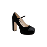 The Lilles Platform Pump is a black suede Mary Jane high heel featuring a thick block heel, square toe pump silhouette, ankle strap with buckle, and a contrasting black leather cap toe, displayed on a plain white background.