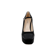 Front view of a single Lilles Platform Pump in black suede, featuring a closed round toe and a thin ankle strap, displayed on a plain light background.
